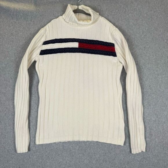 Vintage Y2K Tommy Hilfiger Womens Size Small Turtleneck Sweater White Red Blue - Picture 1 of 7